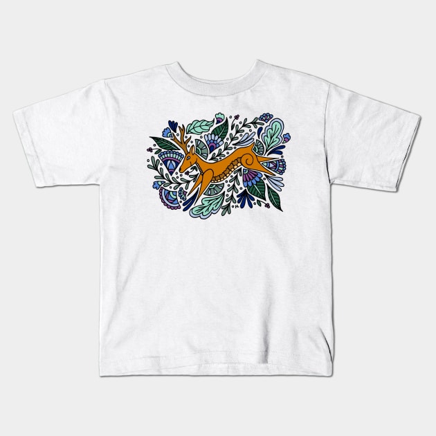 Folk Art Deer Kids T-Shirt by HLeslie Design